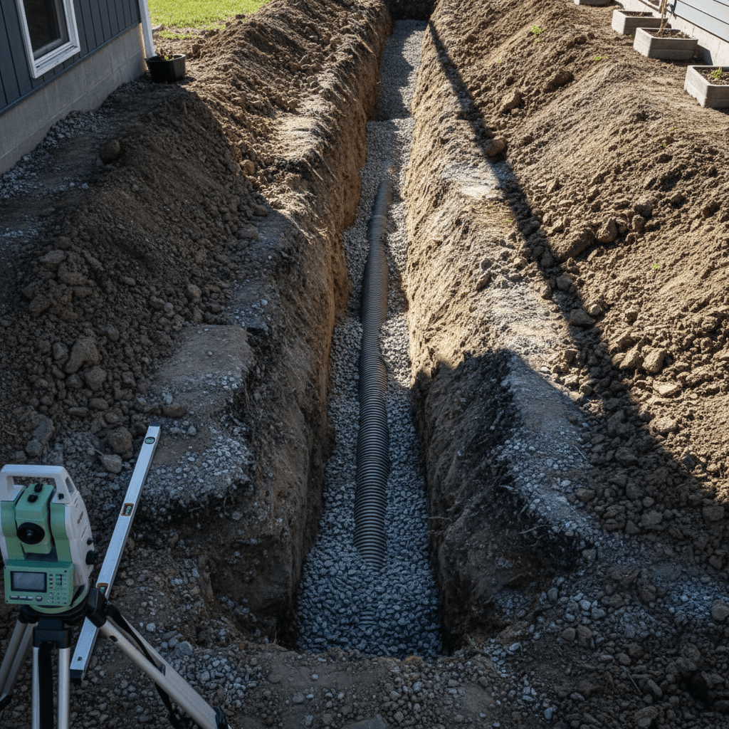 Drainage trench with proper slope away from foundation