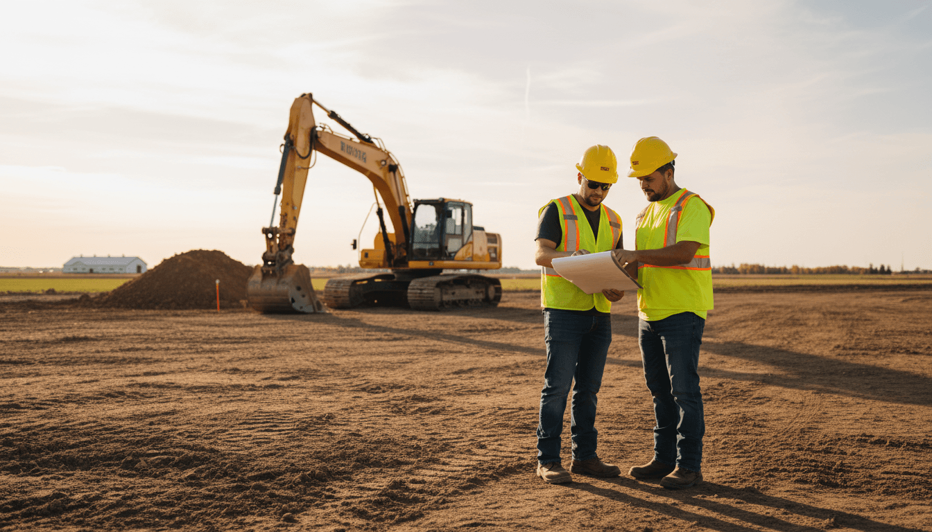 Gemcor Construction crew reviewing excavation project plans on site in Steinbach